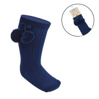 S355-N: Navy Knee Length Socks w/Pom Pom (0-24 Months)